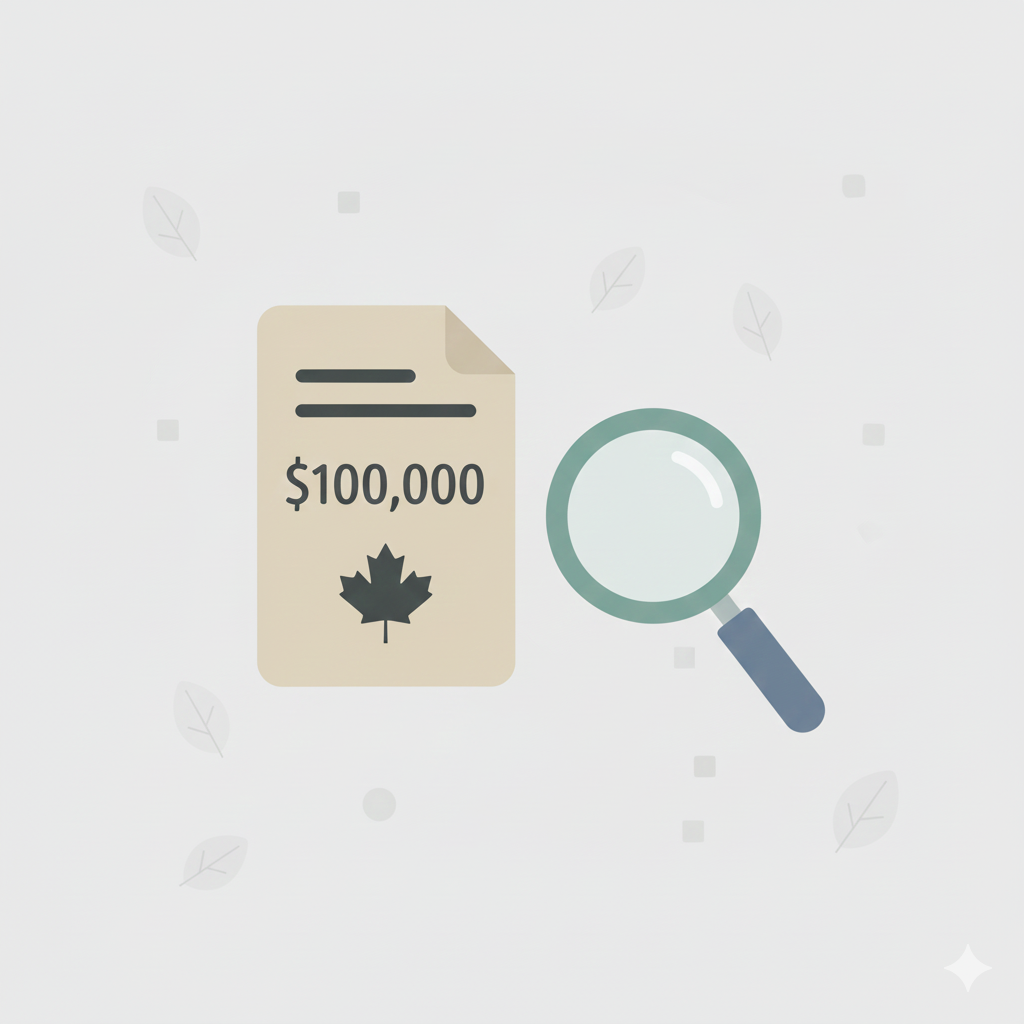 Flat illustration of the sunshine list threshold shown as a $100,000 document with a magnifying glass.