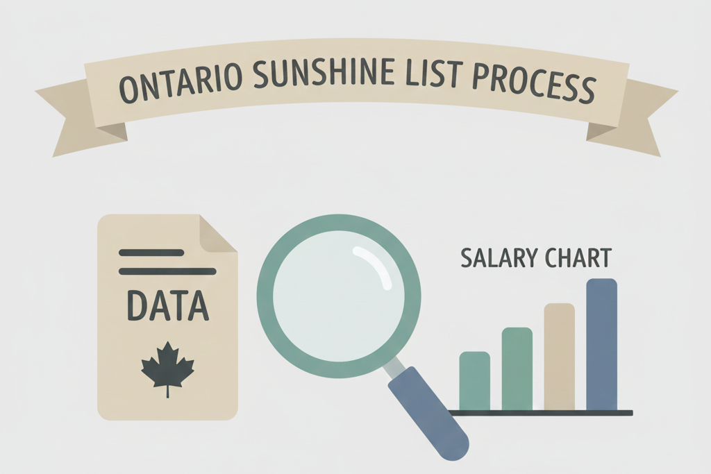 Flat illustration showing how the Ontario Sunshine List works, with a simple document and magnifying glass in soft neutral colours.