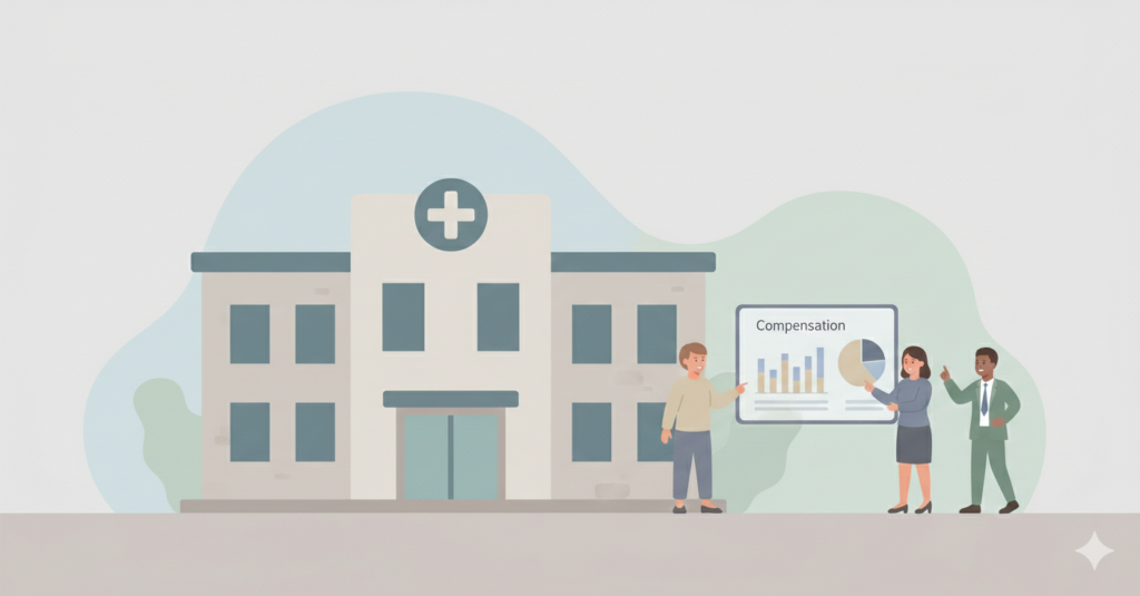 Highest-paid hospital executives in Ontario shown through a hospital administration illustration