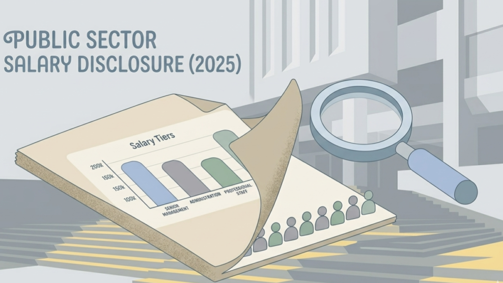Ontario Sunshine List 2025 results showing a flat illustration of a public sector salary disclosure document with a magnifying glass, soft blue and grey tones, minimal details