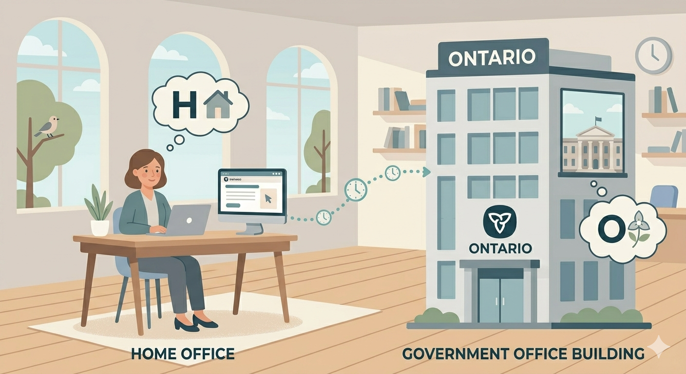 flat-style illustration showing an Ontario government employee at a desk, with a home office