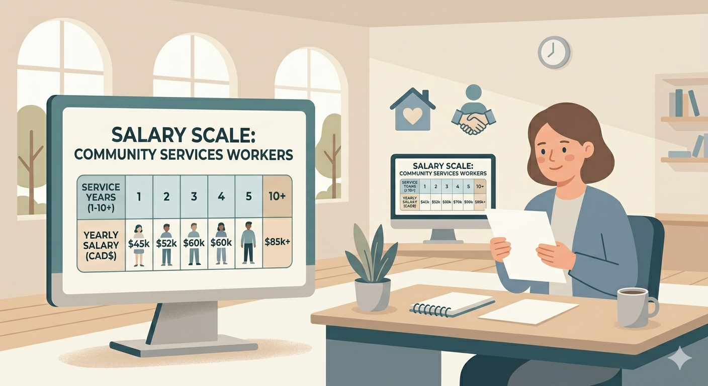 Flat illustration representing Ontario social worker salary in the public sector - a simple figure reviewing a pay scale chart with soft blue and grey tones