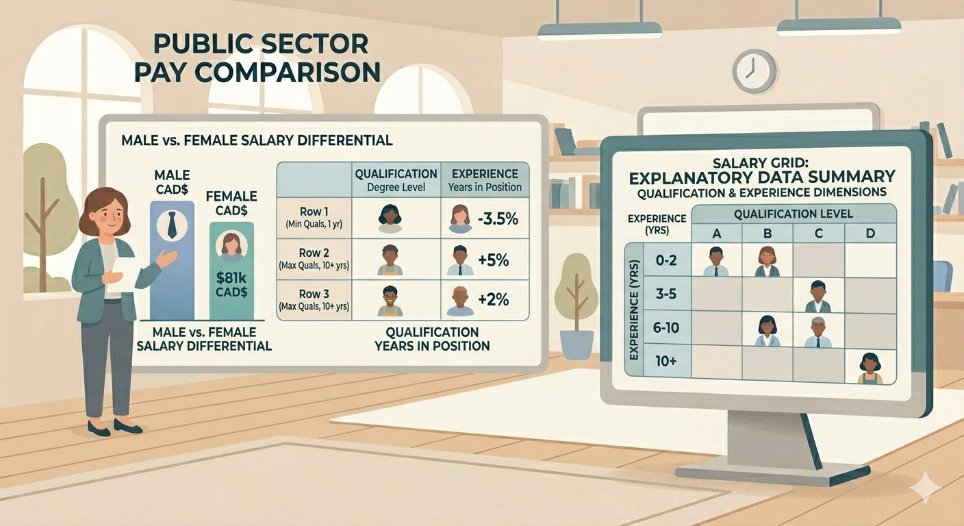 Flat illustration representing the Ontario teacher salary grid - a simple figure beside a structured pay chart showing steps and categories, soft blue and grey tones