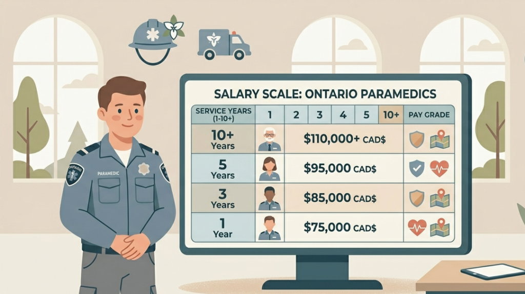 Flat illustration of an Ontario paramedic reviewing a pay grid chart, soft neutral colours and minimal details