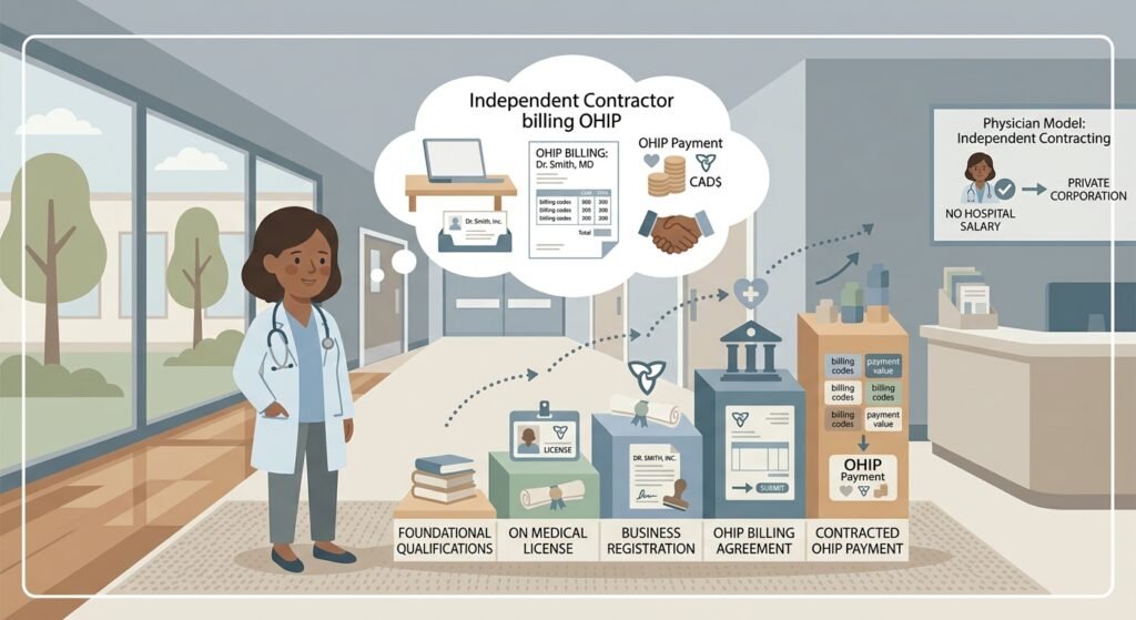 Doctor in a hospital corridor — Ontario physicians are mostly independent contractors billing OHIP, not salaried employees
